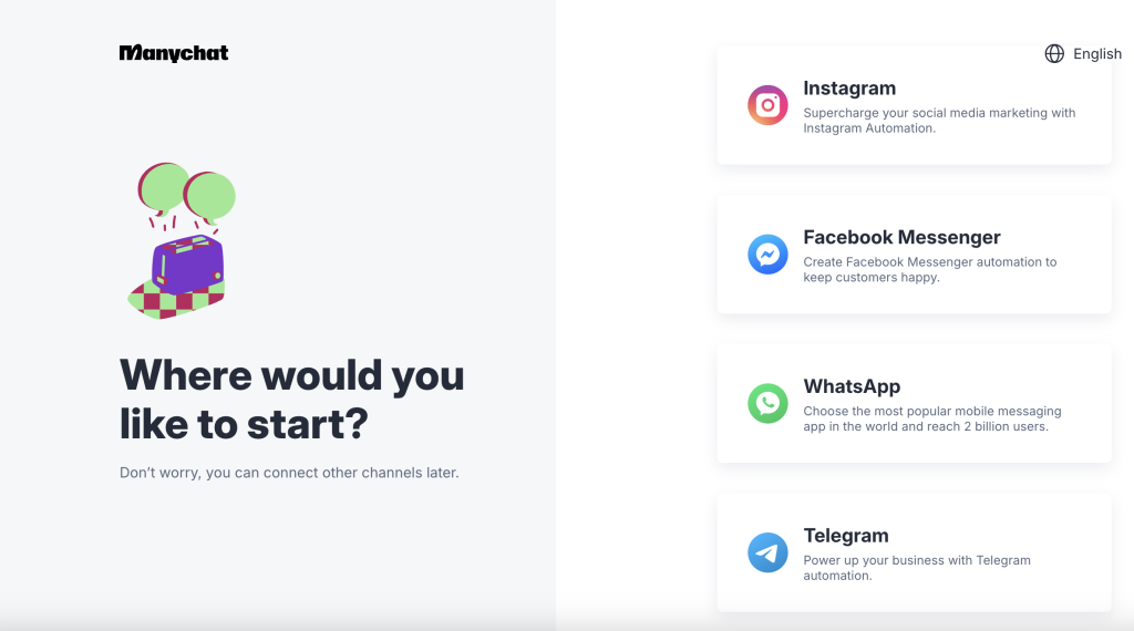 Screenshot showing the ManyChat AI interface with the options to connect messaging channels: Instagram, Facebook Messenger, WhatsApp, and Telegram, each with a brief description highlighting their automation benefits.